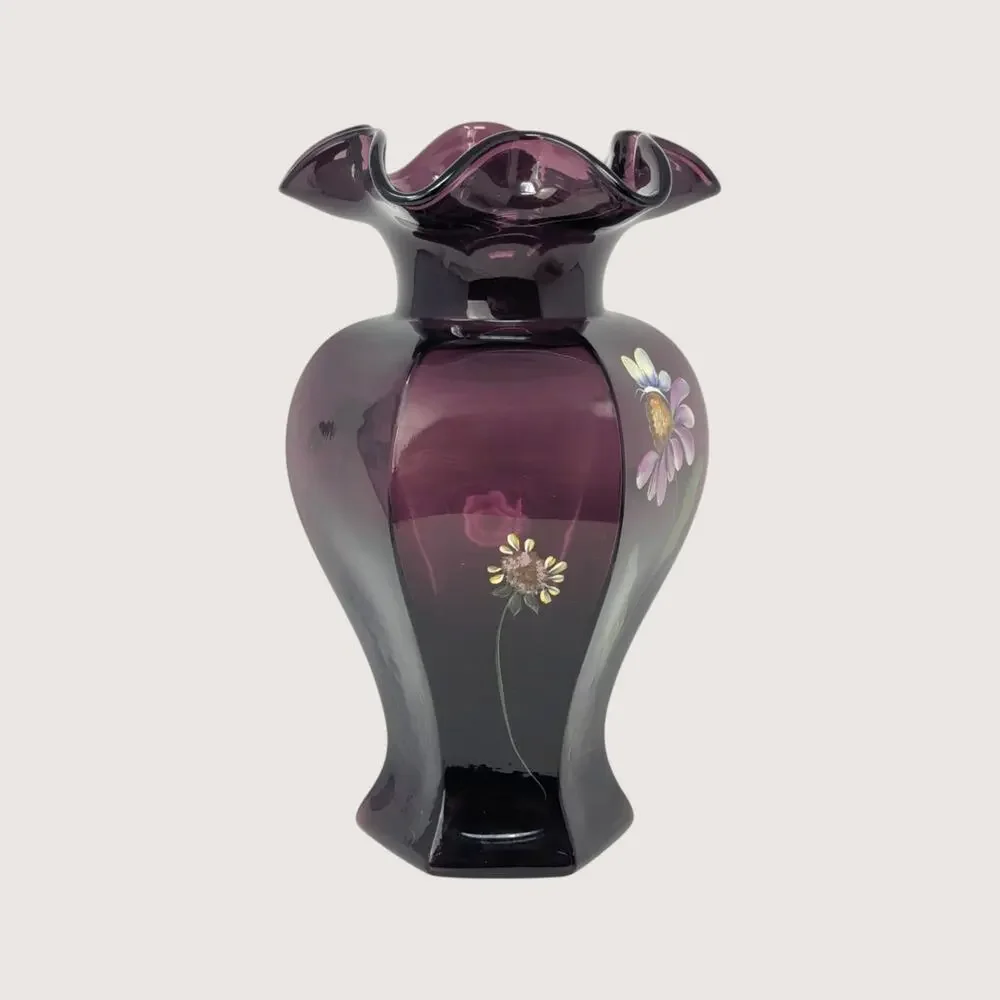 1990s Fenton Mulberry Amethyst Glass Ruffled Vase Hand Painted S Hughes